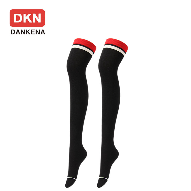 DANKENA Combed Cotton Four-bar Over Knee Socks Thick White Striped Thin Long Legs Socks Thigh High Socks